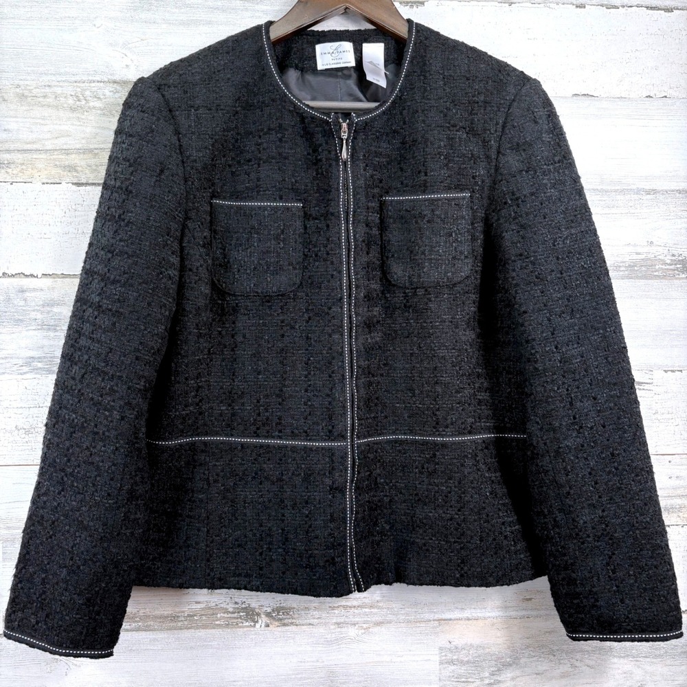 Emma James Jacket Women 14P Black Bouclé Zip Front Contrast Stitch Corpcore